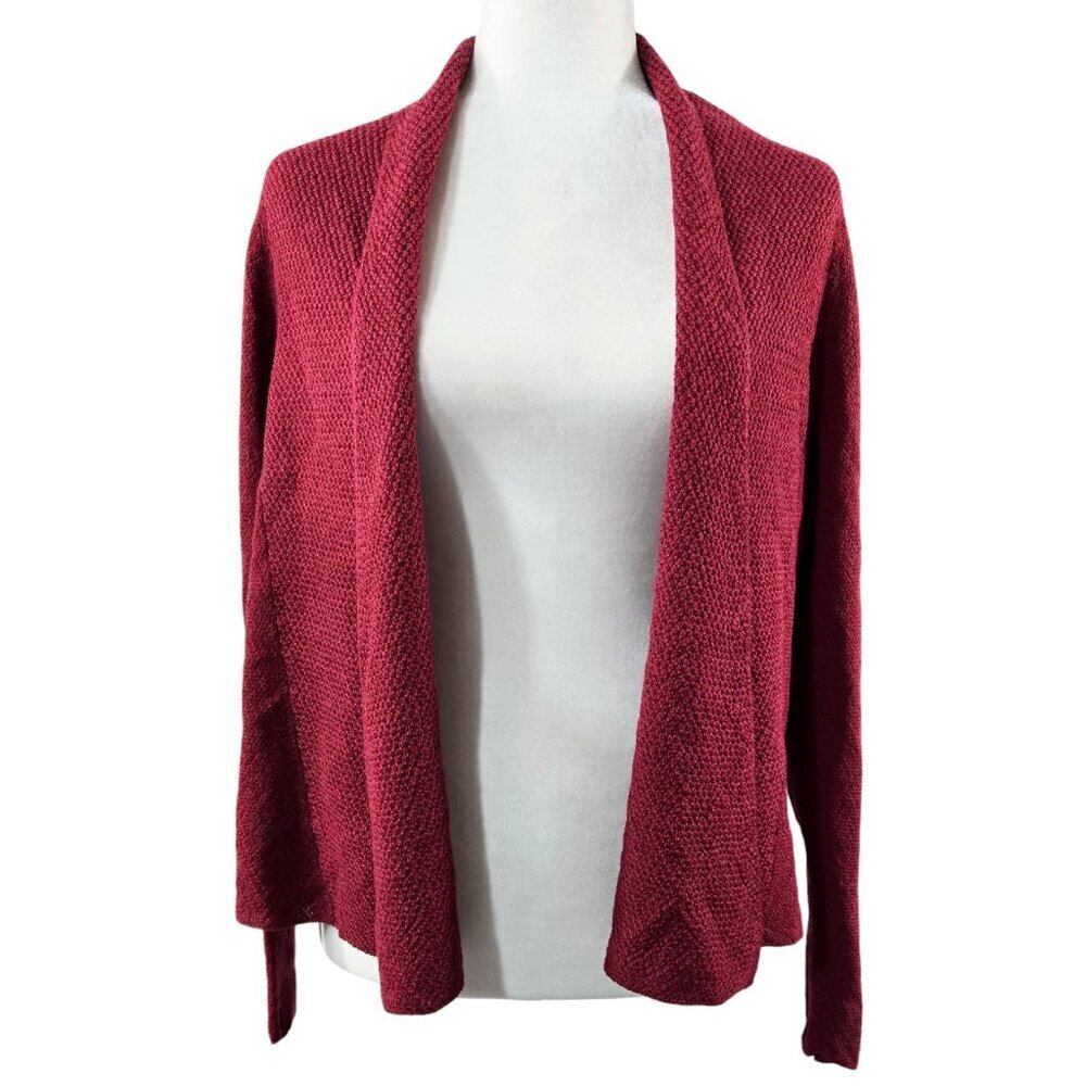 Eileen Fisher 100% Wool Raspberry Red Pink Open Front Cardigan Cozy PETITE